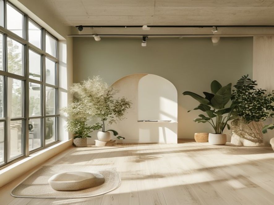 Modernt träningscentrum med naturligt ljus och grönska